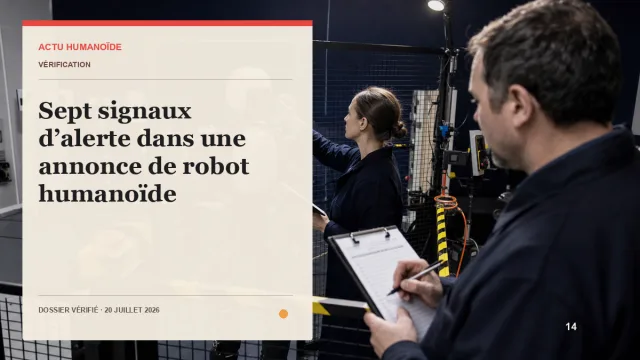 Scène photographique illustrant le dossier « Sept signaux d’alerte dans une annonce de robot humanoïde »