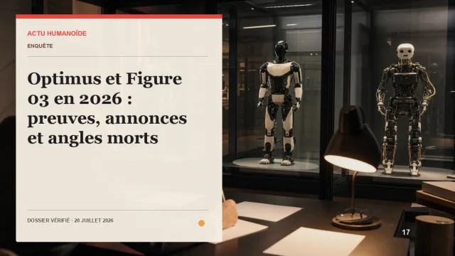 Scène photographique illustrant le dossier « Optimus et Figure 03 en 2026 : preuves, annonces et angles morts »